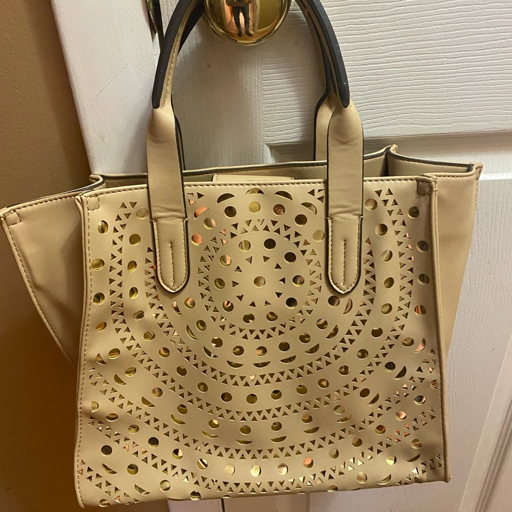 Cream Tote Bag with Perforated Design and Gold Hardware